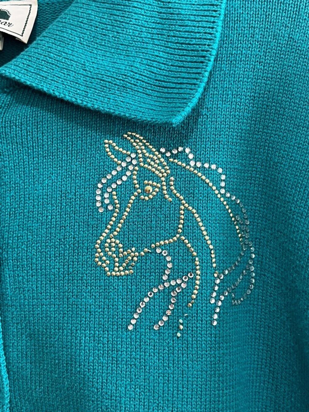 VTG Equine Art Wear Cardigan Sweater Womens 1X Teal Blue Embellished Horse